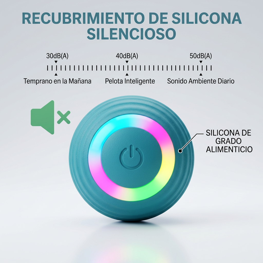 Infografía del recubrimiento de silicona silenciosa de la KeraBall, con comparativa de decibelios