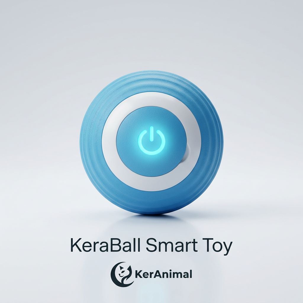 KeraBall, pelota inteligente para mascotas, en color azul celeste con el botón de encendido iluminado