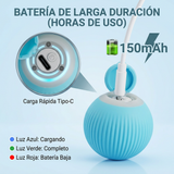 Infografía de la batería de la KeraBall: 150 mAh, carga rápida USB-C e indicador de luz según el nivel de carga